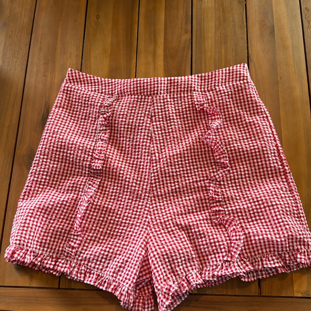 Red Checkered Linen Shorts High Waisted